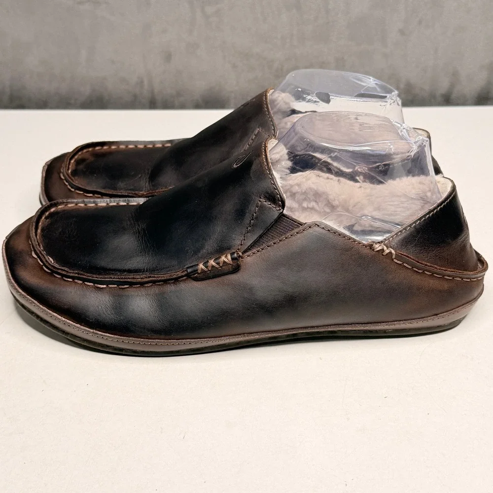 OluKai Moloa Slipper Mens 9 Dark Wood Leather Shearling Lined Loafers